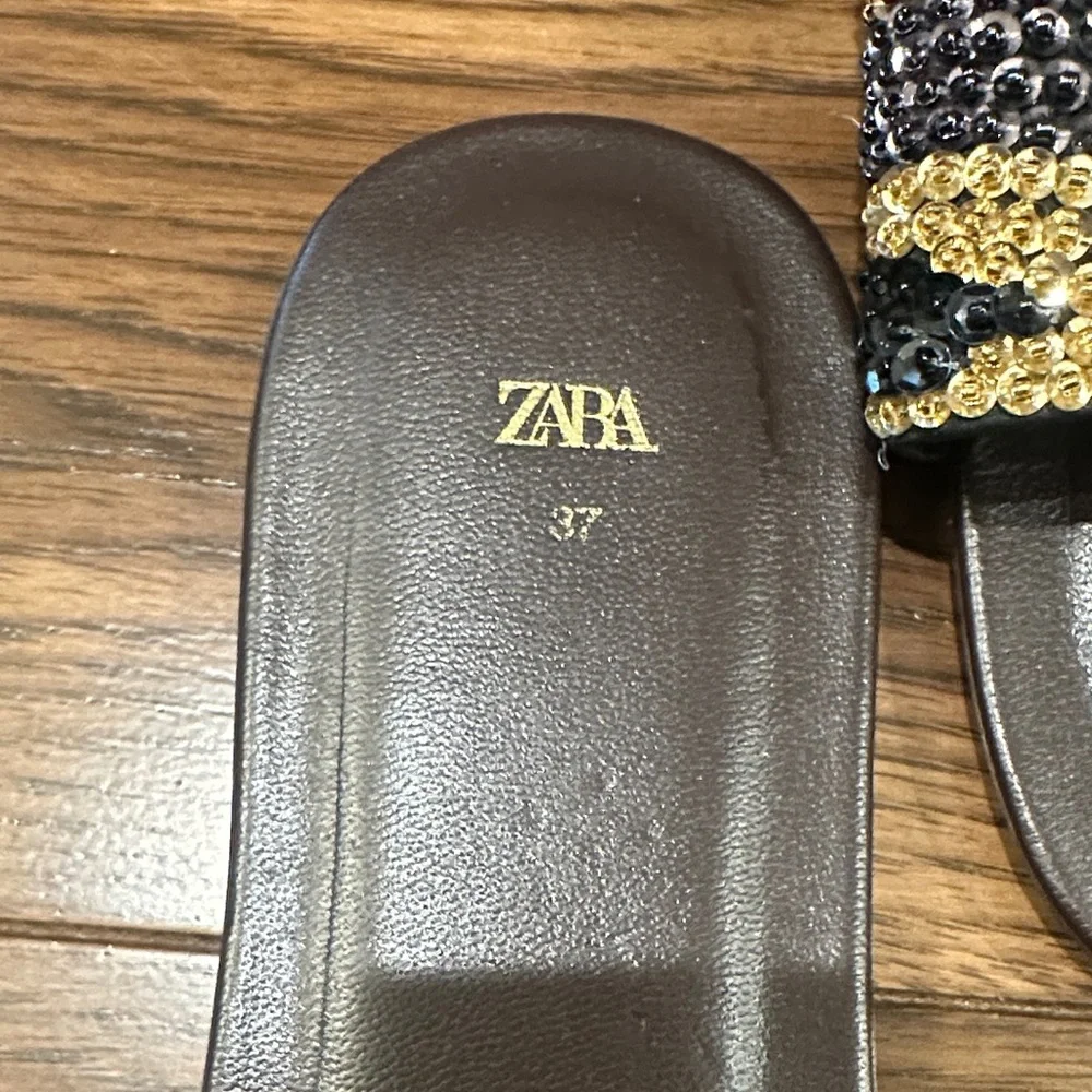 Zara Brown Beaded Slide sandals with Gold & Black beaded  Accents Camo size 37 - Picture 2 of 6